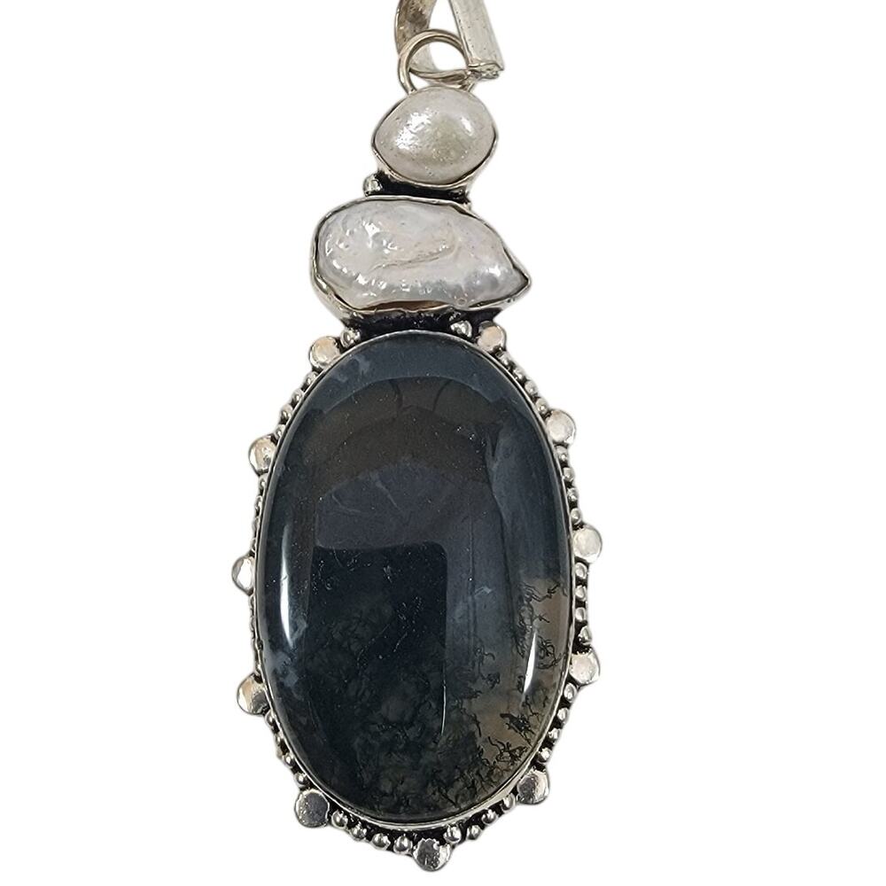 Handmade Silver Pendant with Dendritic Agate and Freshwater Pearls Necklace